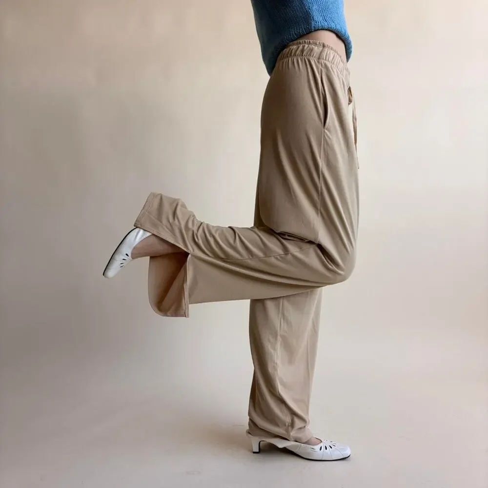 Tan Wide Leg Lounge Pants - Drawstring Waist, Ankle Slits, Size XS - Picture 5 of 6